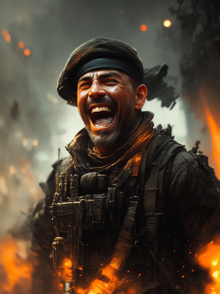 Orange Beret Laughing Commando, with dramatic lighting, deep shadows, Gritty, Realistic texture, Intricate details, Digital painting, Trending on Artstation, art by greg rutkowski and ruan jia., with dramatic lighting, deep shadows, Gritty, Realistic texture, Intricate details, Digital painting, Trending on Artstation, art by greg rutkowski and ruan jia.