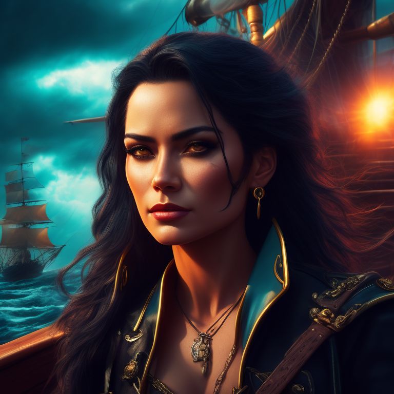 a fierce female pirate captain with glossy black hair ((stands on the deck of a pirate ship)), wearing a leather captain's jacket, a cutlass on her belt. She holds a telescope. She stands in front of the captains wheel. Intense, happy, joy. , storm clouds circle overehead and waves crash against the ship, sea spray, set in the 1770's, Fantasy, Vibrant colors, Sunlight, Sharp focus, Highly detailed, Trending on Artstation, Dramatic shot, Digital painting
