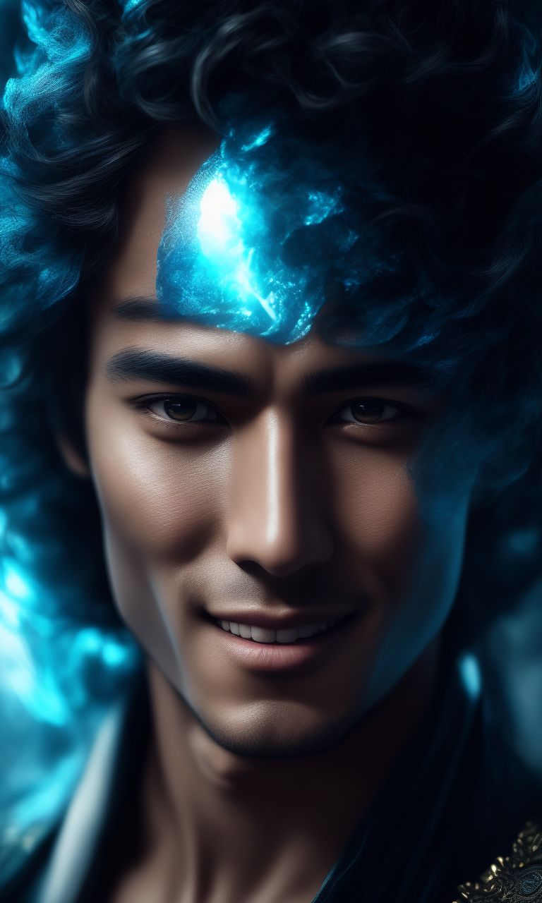 captivating portrayal, Realistic Cinematic Fullbody of  handsome dragon warrior man , looking at you and smiling sweetly, pretty brown eyes, azure veil, Facing forward, in the style of vray, high - keyed palette, mesmerizing use of light, transparent/translucent medium, romantic fantasy, expressive oil studies, White