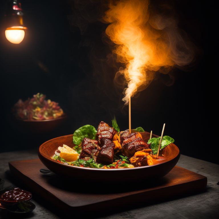 runnyhyena484 a wooden board with meat skewers to the point with