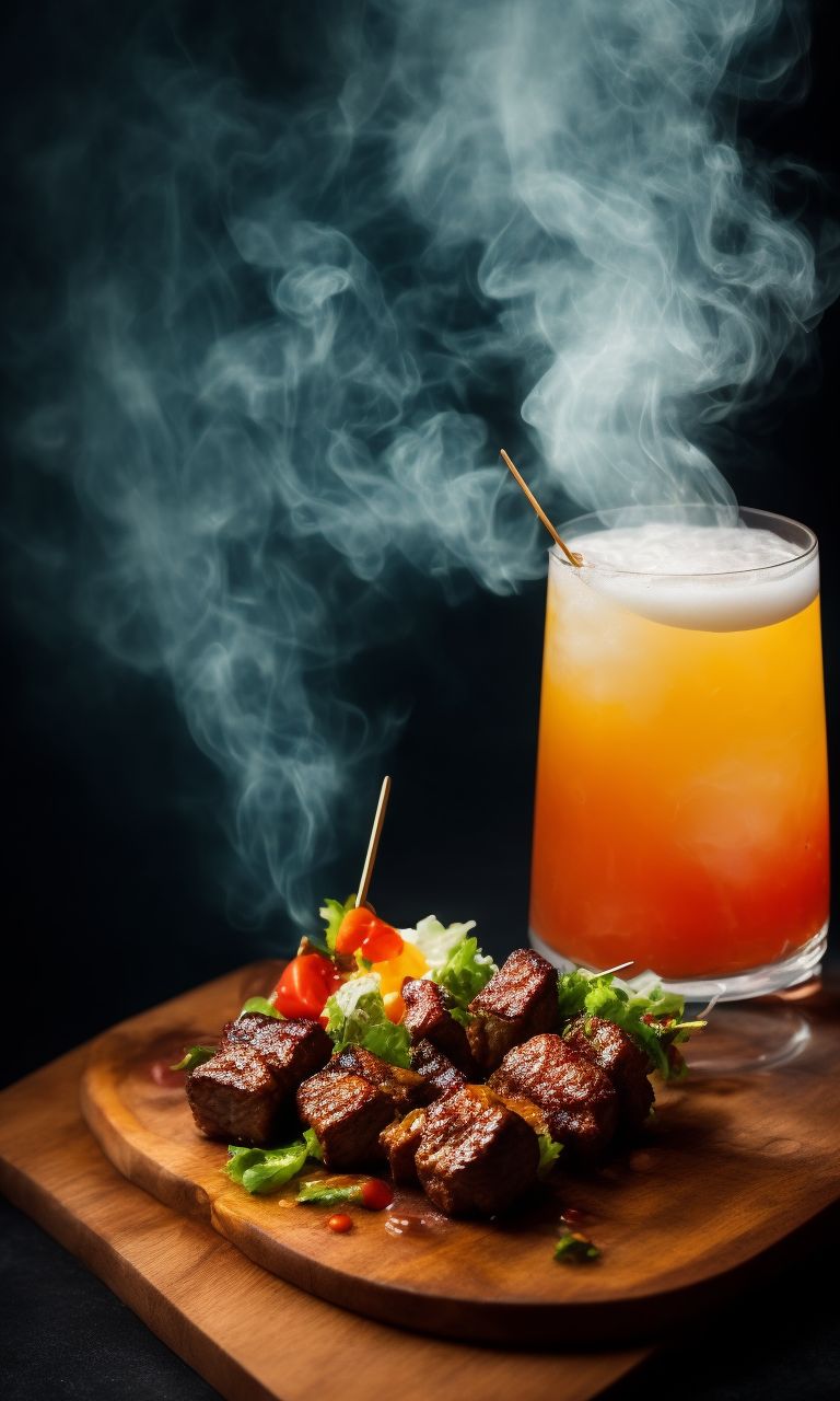 runnyhyena484 a wooden board with meat skewers to the point with