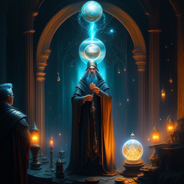 wizard head looking to upper right talking, mysterious scene featuring a holographic wizard inside an orb communicating with a wizard outside, eerie lighting, Highly detailed, Digital painting, Art by Greg Rutkowski, Alan lee, and john howe, Intricate, Magical, intricate details on wizard's clothing, trending on artstation hq.