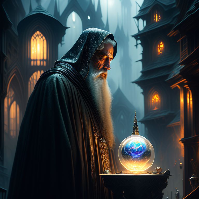talking wizard head, looking to upper right, portrait, mysterious scene featuring a holographic wizard inside an orb communicating with a wizard outside, eerie lighting, Highly detailed, Digital painting, Art by Greg Rutkowski, Alan lee, and john howe, Intricate, Magical, intricate details on wizard's clothing, trending on artstation hq.