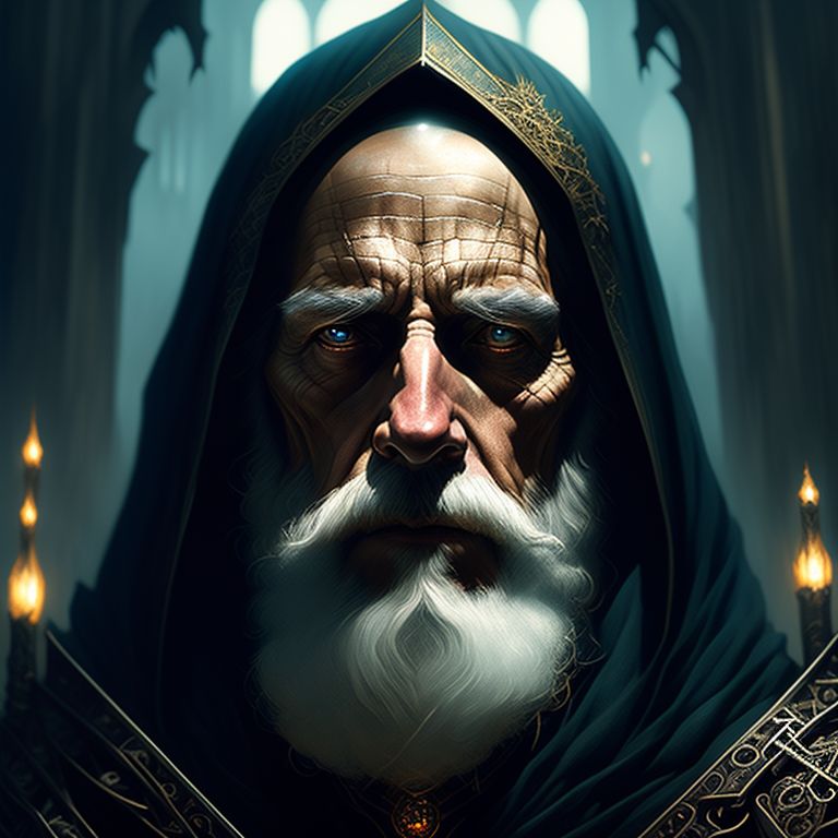 talking wizard head, looking to upper right, portrait, close-up, looking to upper right, looking to upper right, eerie lighting, Highly detailed, Digital painting, Art by Greg Rutkowski, Alan lee, and john howe, Intricate, Magical, intricate details on wizard's clothing, trending on artstation hq.