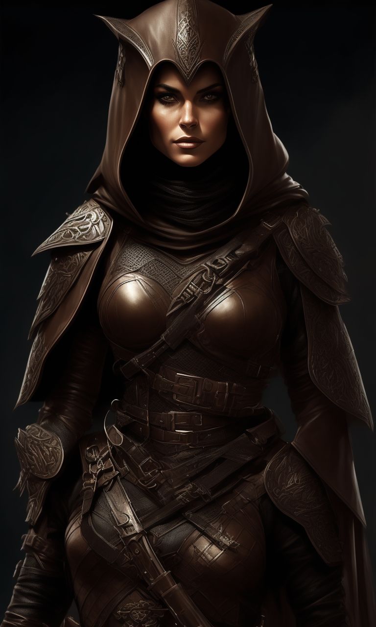 female armor very detailed, in style of assassin