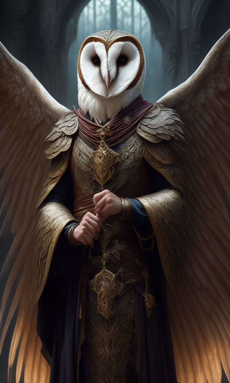 Large Barn owl owlin wizard scholar wearing robes dungeons and dragons character close up no wings, donning ornate robes and majestic wings, with a majestic barn owl perched upon their shoulder, the scene should be highly detailed and intricate, with warm and muted lighting, and styled in the vein of art by greg rutkowski, Artgerm, and magali villeneuve.