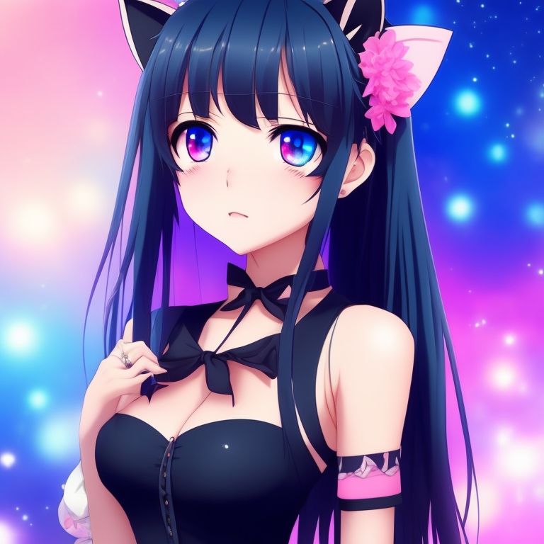 pink anime girl with black hair and eyes