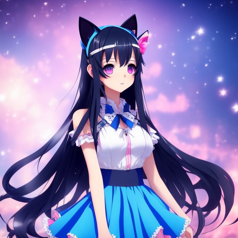 Mad Goshawk228 Anime Girl Black Hair Blue Eyes Cat Ears And Cute Drees With 15 Years With 