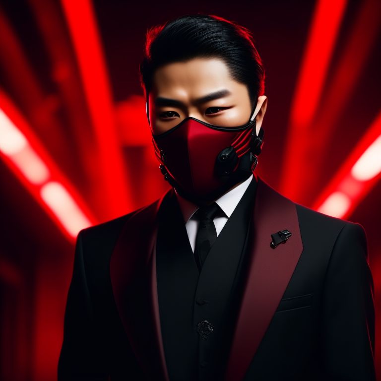Japanese Mob Boss in business Suit wearing  futuristic red and black kitsune mask Covering his whole face , Anime, Comic, Dark lighting