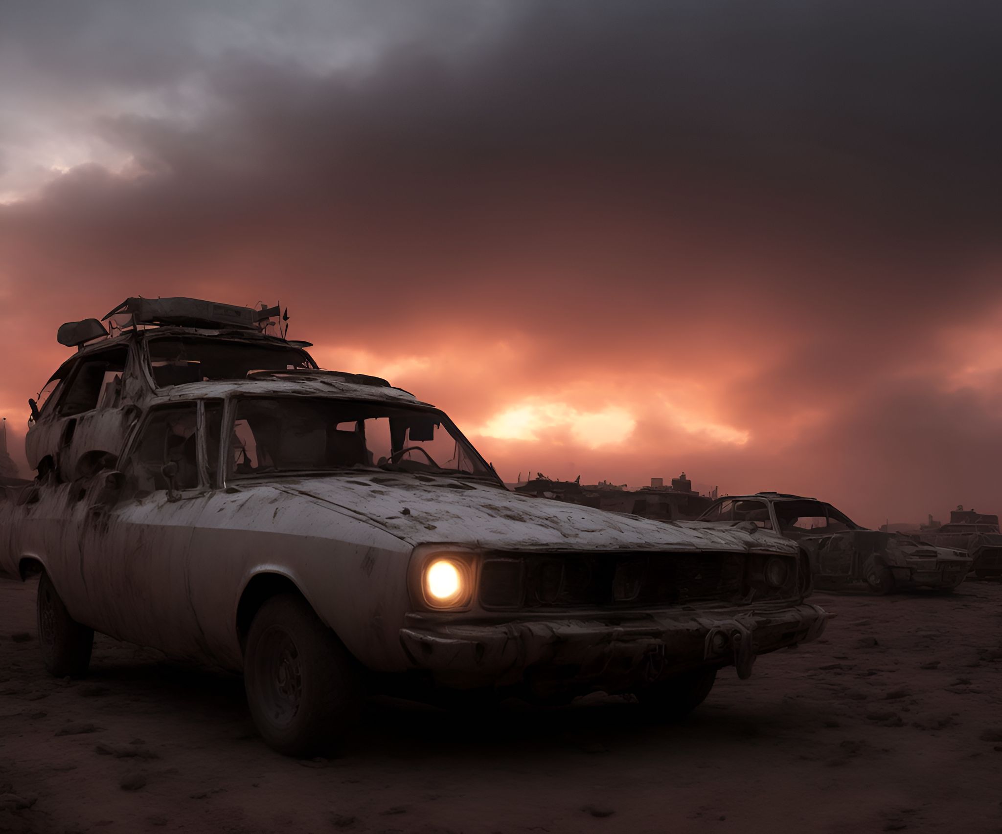 GuttoNerd73: Based on the rule, create: a scene inspired by the movie Mad  Max, featuring a Ford Falcon GT Interceptor. The car is depicted as dirty  and covered in dirt, with broken