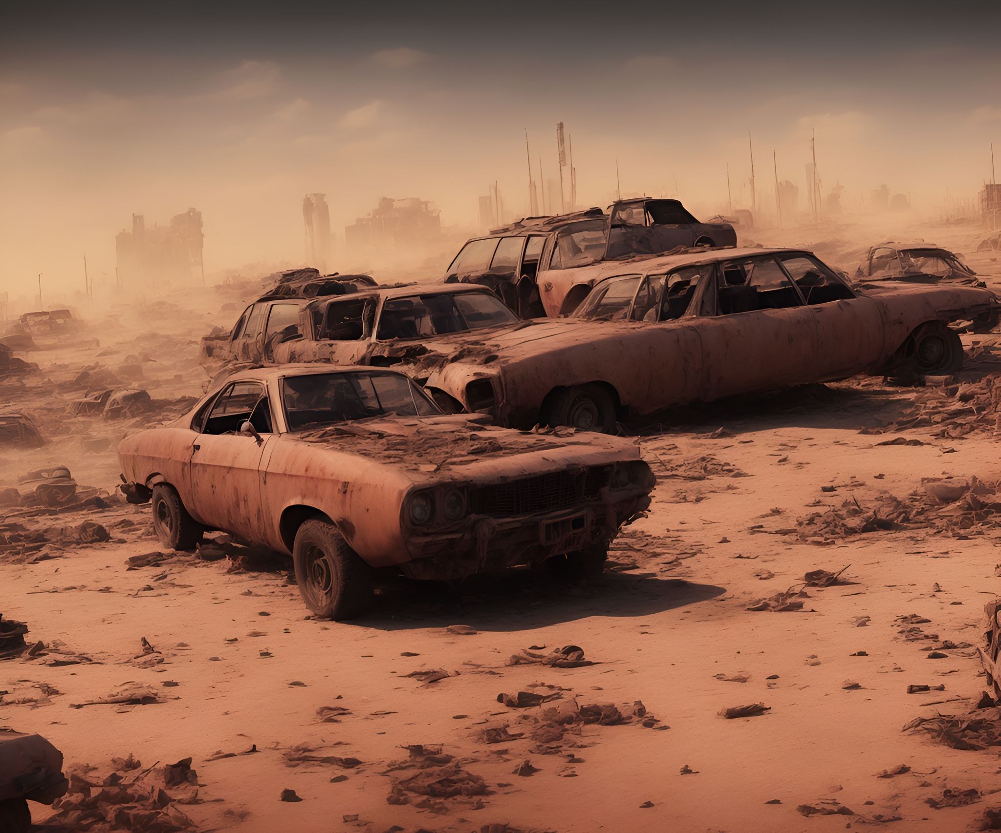 GuttoNerd73: a scene inspired by the movie Mad Max, featuring a Ford Falcon  GT Interceptor. The car is depicted as dirty and covered in dirt, with  broken parts and adapted weapons mounted