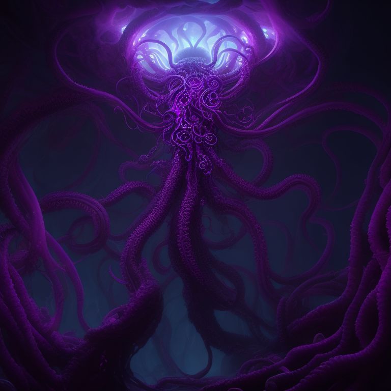 Large Female Eldritch Horror
, featuring highly intricate tentacles and eerie purple lighting, inspired by lovecraftian horror, with a sharp focus and digital painting style reminiscent of artstation artists loish and ross tran.