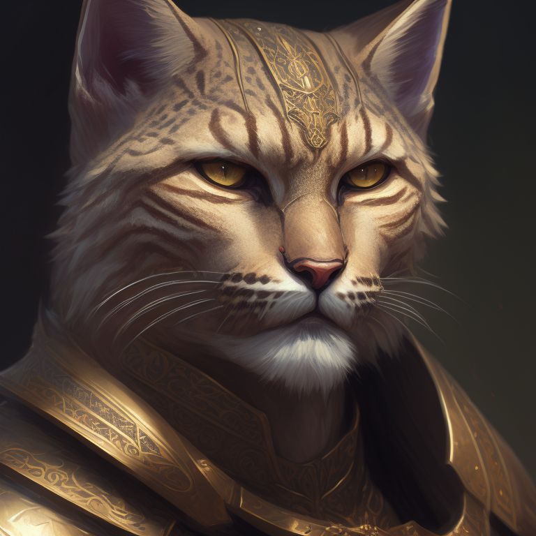 Portrait, tabaxi, Khajiit, bobcat, cat man in medieval armor , D & D, Fantasy, Intricate, Elegant, Headshot, Detailed face, Digital painting, Artstation, Concept art, Smooth, Sharp focus, Illustration, Artgerm, Greg Rutkowski, Alphonse Mucha