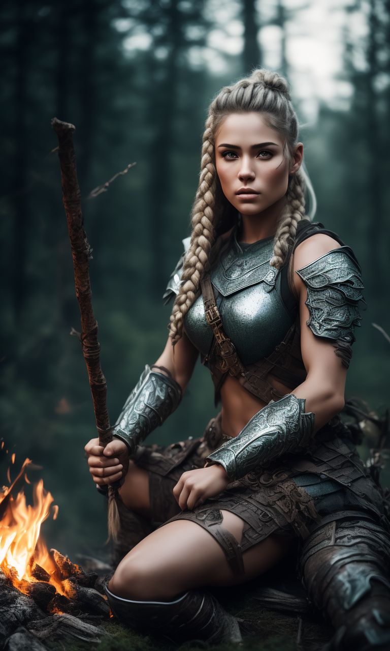 green dirdls dress with intricate silver armor, photography taken by canon eos r5, muscular female gnome barbarian with white braids ((sitting by the campfire)), wears very look good outfit, Detailed face, beautiful eyes and hair, flawless bright skin, soft makeup and draw thin eyebrows, Human-like eyes, good anatomy, Perfect white balance, rim lighting uhd, (art by norman rockwell), prime photography, smooth crisp line quality, moonlit forest background, Gritty