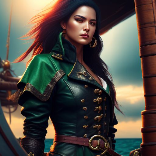 a fierce female pirate captain with glossy black hair ((stands on the deck of a pirate ship)), wearing a ((green leather captain's jacket)), a cutlass on her belt. She holds a telescope. She stands in front of the captains wheel. Intense, happy, joy. , storm clouds circle overehead and waves crash against the ship, sea spray, set in the 1770's, Fantasy, Vibrant colors, Sunlight, Sharp focus, Highly detailed, Trending on Artstation, Dramatic shot, Digital painting