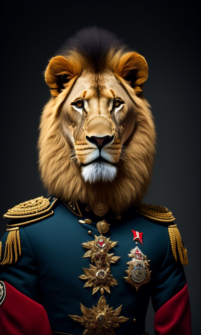 Lion Dressed in Military Uniform Animal Portrait Dressed 