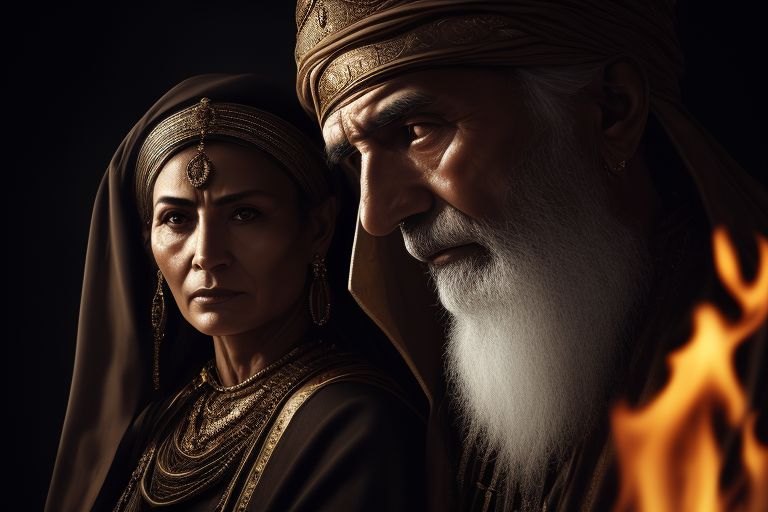 modelshoot style, (extremely detailed 8k wallpaper), a half body shot of Job and his wife, patriarch of the ancient city of Uz, middle age, lit by fire, blurred background of a burnt residence, biblical patriarch, oriental man middle-aged, wealthy, fine clothing, 1800 BC, intricate, high detail, dramatic, fantastic location, skin pores, very dark lighting, heavy shadows, detailed detailed face, (vibrant, photorealistic, realistic, dramatic, dark, focus sharp, 8k), too far,