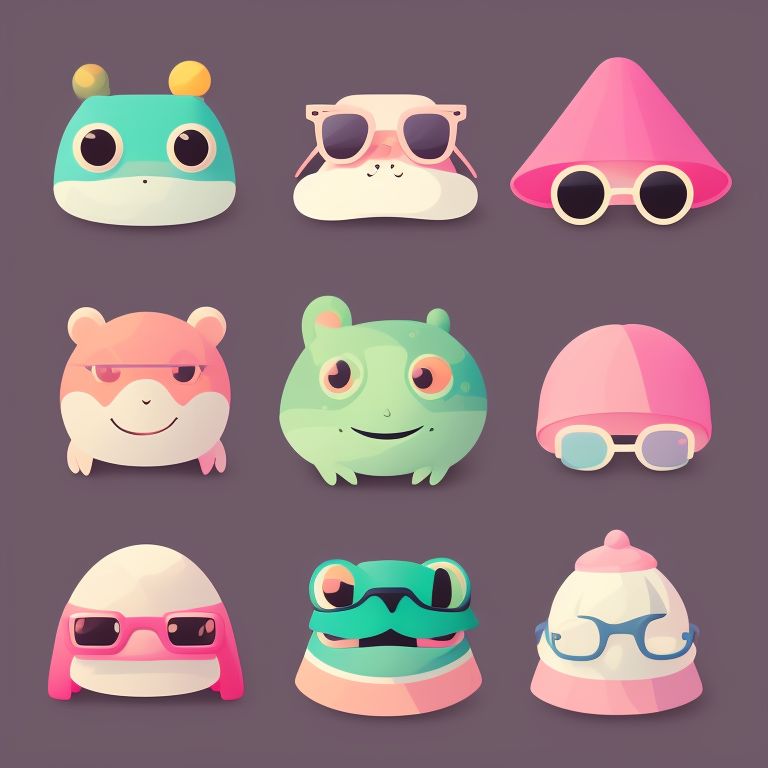 Vector illustration, Flat illustration, Illustration, set of 9 versions of the same cute minimalistic cartoon frog, 3 by 3 grid, each one with different elements such as glasses, hats, funny mask, color and aesthetic, gradient fill, simple doodle, defined edges, claymation, NFT collection, ultra high resolution, Trending on Artstation, Popular on Dribbble, Cozy wallpaper, Pastel colors
