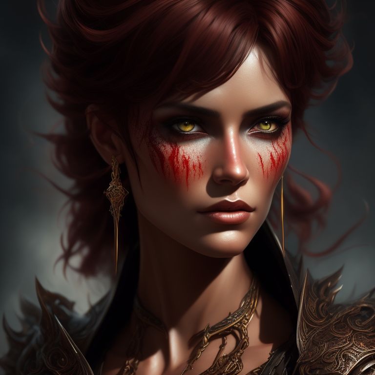 fatal-frog594: tiefling fighter female. red skin. short brown shaggy ...