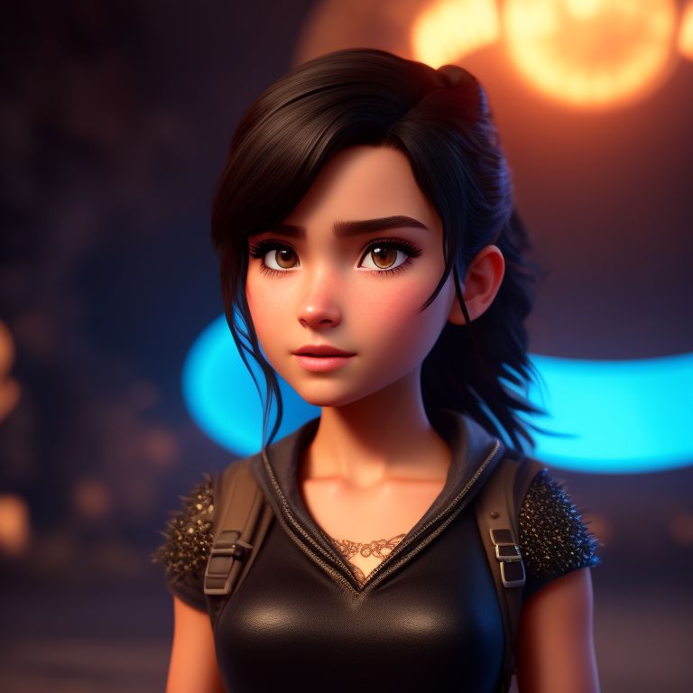 standing centered, Pixar style, 3d style, disney style, 8k, Beautiful, Natalie is a fearless teenage girl akin to Katniss Everdeen, with short, spiky black hair, piercing gaze, and a fierce attitude., 3D style rendered in 8k using beautiful Disney like animation