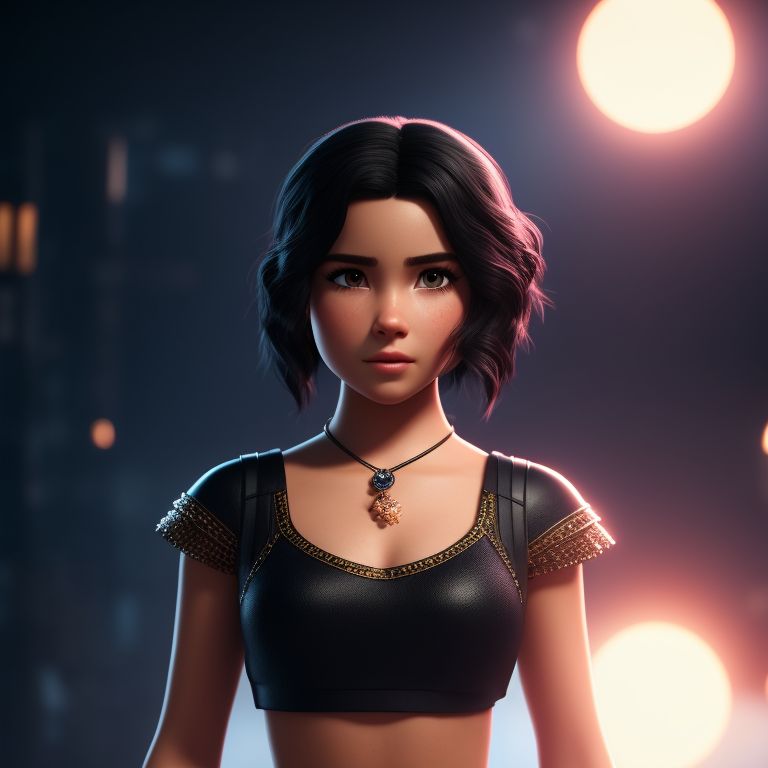standing centered, Pixar style, 3d style, disney style, 8k, Beautiful, Natalie is a fearless teenage girl akin to Katniss Everdeen, with short, spiky black hair, piercing gaze, and a fierce attitude., 3D style rendered in 8k using beautiful Disney like animation
