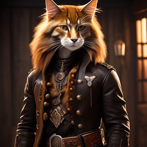 Steampunk Black Maine Coon Cat in Leather Outfit and Hat
