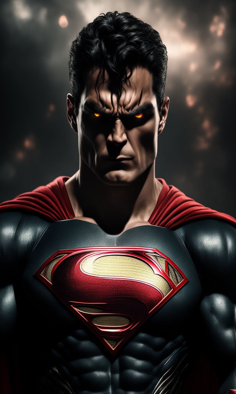 Fantasy concept art, Digital painting, Masterpiece, midshot portrait of Evil Superman, Angry expression on face, Glowing red eyes, muscular physic, mid length style hair, dark black superman outfit, dramatic lighting, extremely realistic, 8k, insane details, intricate details, beautifully color graded, Color Grading, Photography, Bokeh, taken with a 60mm lens, ISO 300, f/4, 1/200th, , grim, Gritty, harsh, Raw, Complex, morally ambiguous, Beautiful, power, High Face Detail , violence, Dramatic shot, survival, Ultra realism, brutality, contrast, Immersive realism, Depth, character-driven, subversion, grimdark fantasy., Trending on artstation and deviantart