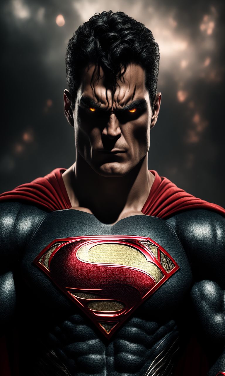 Ruuudyyy: midshot portrait of Evil Superman, Angry expression on face,  Glowing red eyes, muscular physic, mid length style hair, dark black  superman outfit, dramatic lighting, extremely realistic, 8k, insane  details, intricate details,
