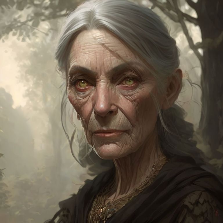 miquaight: very old, ugly, witch, hag, with woodland in background