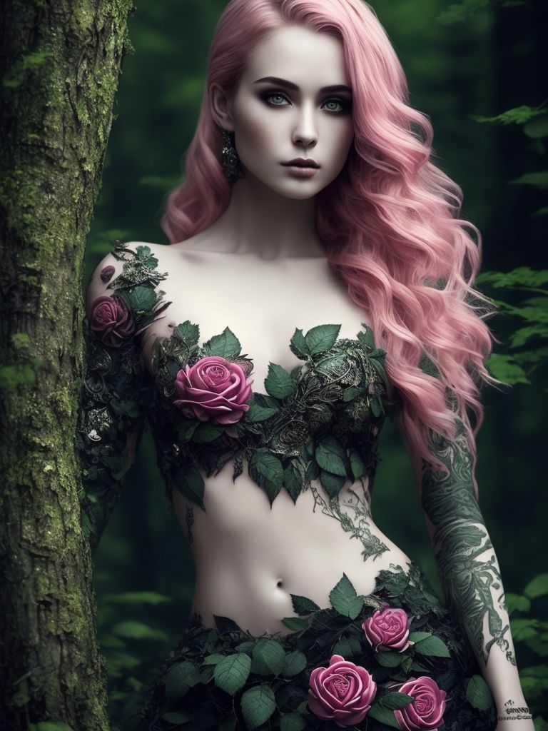 green (#005400) color hair, photography taken by canon eos r5, stunning fullbody d&d character art, A beautiful dryad with ((3d rose tattoos on her arms)), ((ornate barkskin armor)), and ((pink color hair)) emerging from the forest. She embodies the power of the earth and the flowers. She is confident, intense. ((Gnarled forest trees background.)) , wears very look good outfit, Detailed face, beautiful eyes and hair, flawless bright skin, soft makeup and draw thin eyebrows, Human-like eyes, good anatomy, Perfect white balance, rim lighting uhd, (art by norman rockwell), prime photography, smooth crisp line quality, full body action shot, In the style of gothic dark and ornate, Intricate details, Highly detailed