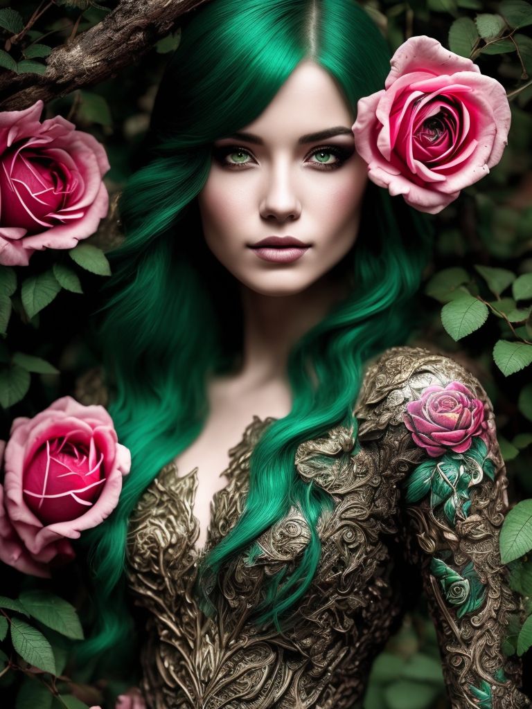 green (#005400) color hair, photography taken by canon eos r5, stunning fullbody d&d character art, A beautiful dryad with ((3d rose tattoos on her arms)), ((ornate barkskin armor)), and ((pink color hair)) emerging from the forest. She embodies the power of the earth and the flowers. She is confident, intense. ((Gnarled forest trees background.)) , wears very look good outfit, Detailed face, beautiful eyes and hair, flawless bright skin, soft makeup and draw thin eyebrows, Human-like eyes, good anatomy, Perfect white balance, rim lighting uhd, (art by norman rockwell), prime photography, smooth crisp line quality, full body action shot, In the style of gothic dark and ornate, Intricate details, Highly detailed