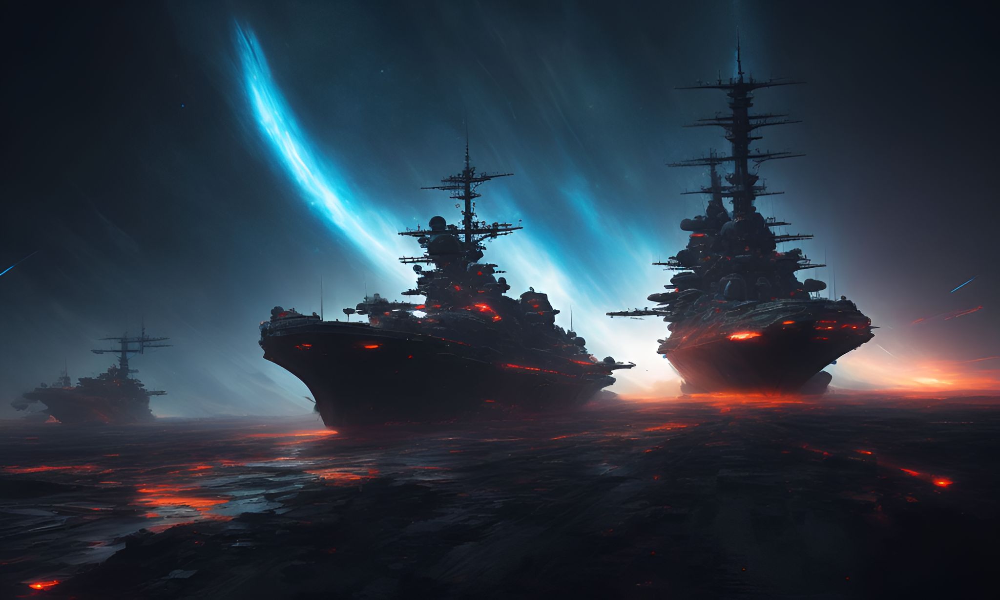 SuperHumanEpoch: Cinematic Still, intense space battle between two massive  battleships, starry sky, nebulae, galaxies, HDR futuristic space battleship  destroyers traveling through an asteroid field, planer in the isolated  blurred background
