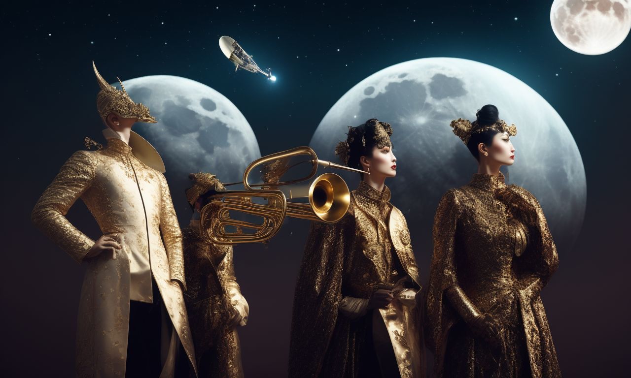 adept-curlew797: a brass trumpet and a dali mask in spacesuit and the moon  in the background