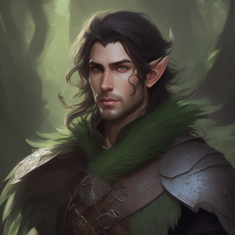 renelvon: male elf druid, leather armor, green eyes, black long hair ...