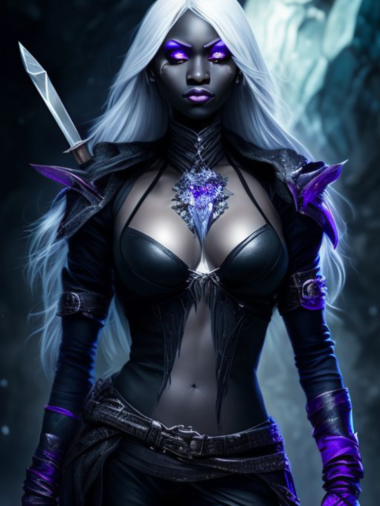 Silverevermoore Female Drow Rogue With Glossy White Hair Purple Eyes Dark Purple Skin 