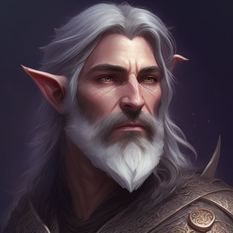 renelvon: male elf druid, blessed leather armor, purple eyes, graying ...