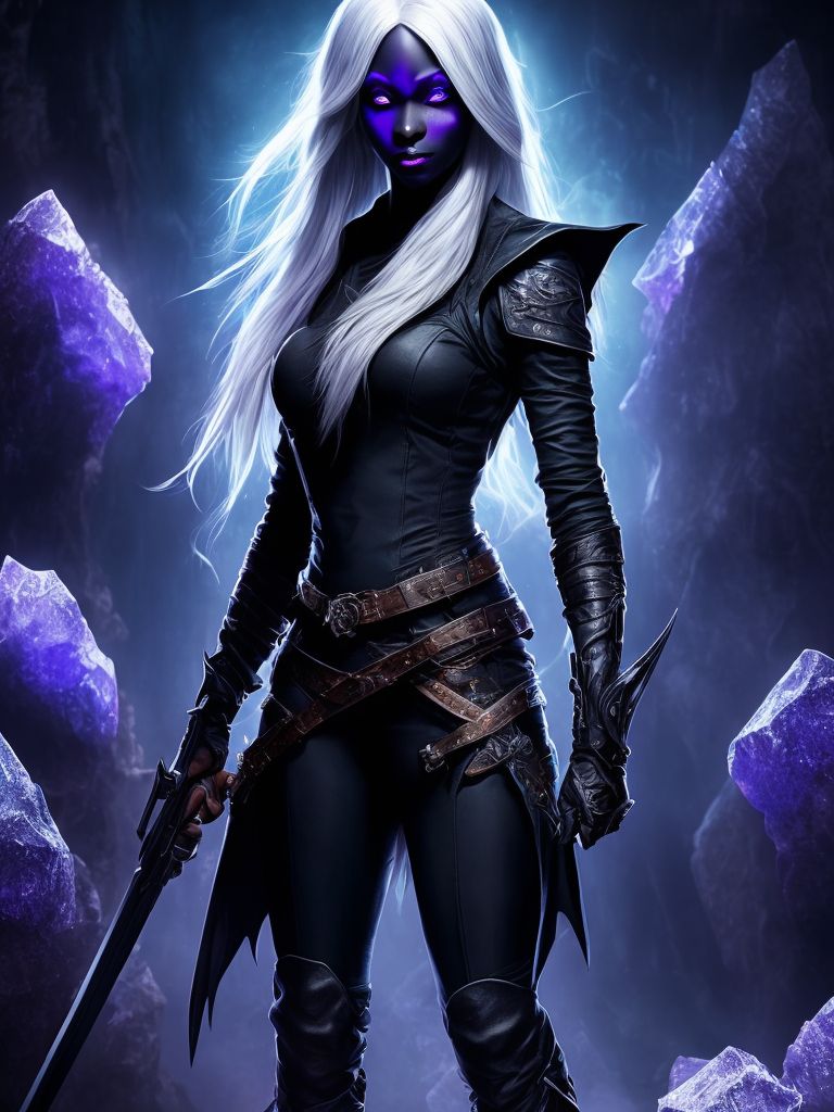 Drow, tattered black leather clothing, photography taken by canon eos r5, stunning fullbody d&d character art, female drow rogue with glossy white hair, purple eyes, dark purple skin, wielding a silver dagger, wears very look good outfit, Detailed face, beautiful eyes and hair, soft makeup and draw thin eyebrows, Human-like eyes, good anatomy, Perfect white balance, rim lighting uhd, (art by norman rockwell), prime photography, smooth crisp line quality, in front of glowing crystal rocks, Gritty