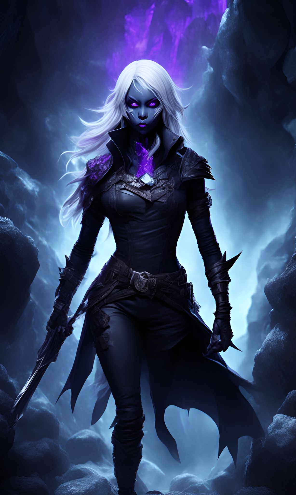 Drow, tattered black leather clothing, photography taken by canon eos r5, stunning fullbody d&d character art, female drow rogue with glossy white hair, purple eyes, dark purple skin, wielding a silver dagger, wears very look good outfit, Detailed face, beautiful eyes and hair, soft makeup and draw thin eyebrows, Human-like eyes, good anatomy, Perfect white balance, rim lighting uhd, prime photography, smooth crisp line quality, Gritty, in front of glowing crystal rocks, In an underground cavern