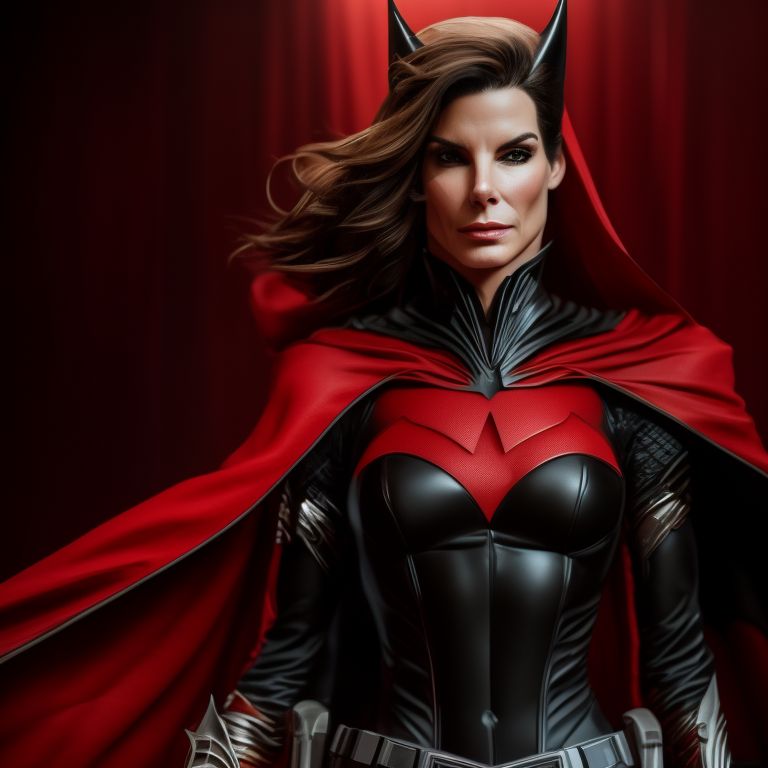 sad-chicken289: beautiful young sandra bullock with black suit batwoman,  red cape, and red batwoman's symbol
