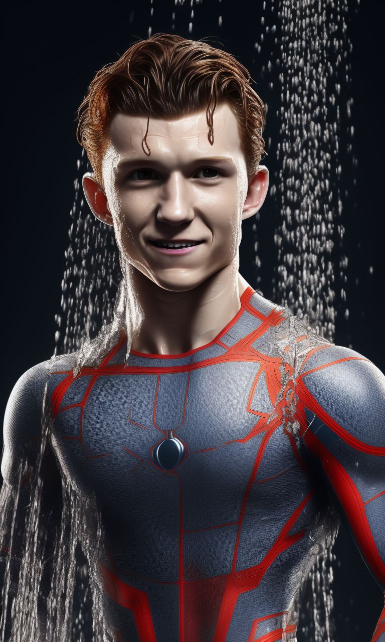 slushy-eel156: (((Male))), (((Tom holland taking a shower))), (((full body  and face in frame))), (((massive erection and crotch print/bulge))), lean  and toned, realistic, high resolution, high quality, smooth and refined  style, 4k