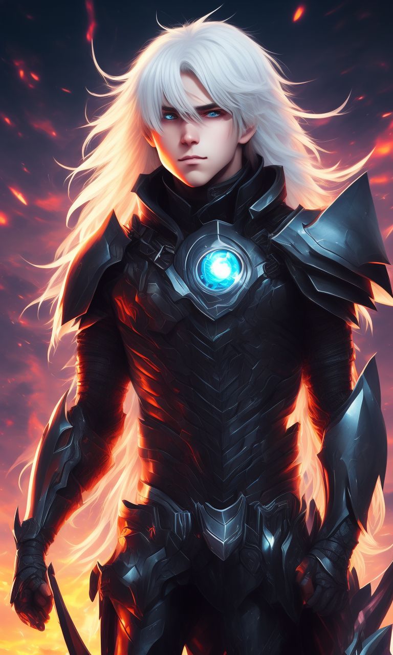 noisy-dove57: a young man with long white hair, wearing a black armor, city  background destroyed by demons, book cover