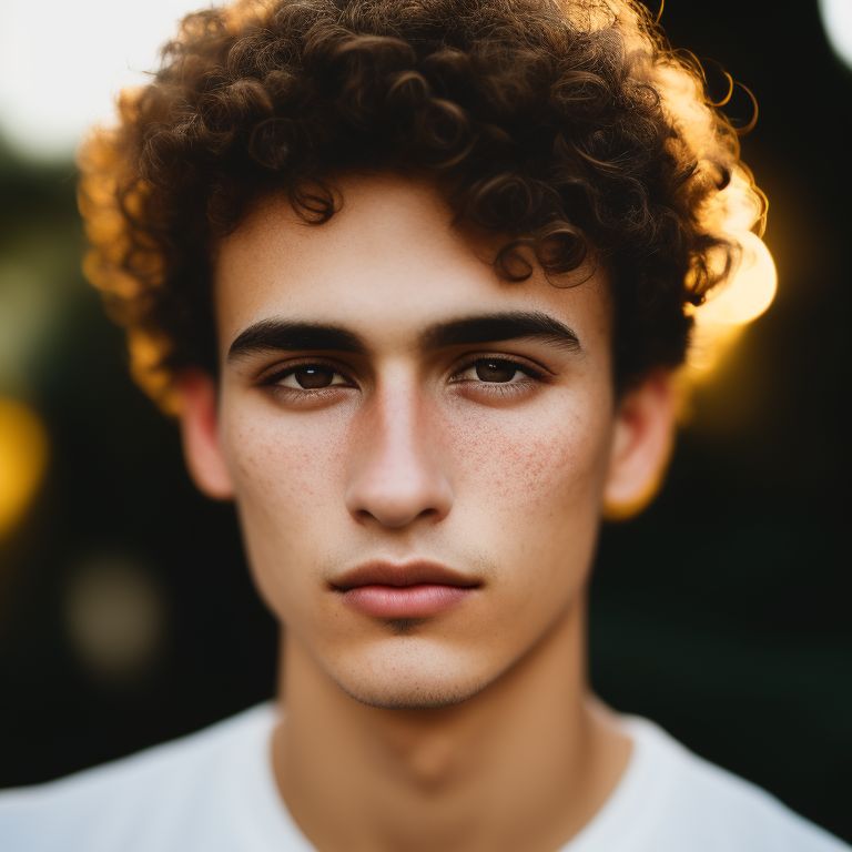 Create a 20 year old male with slightly short curly hair (curly curls, slightly short hair on top and shaved on the sides), brown eyes, slightly full lips, thin face, white skin, normal eyebrows, with a short mustache. Create it by wearing a plain white T-shirt and looking forward., candid photo journalism, sharp bokeh uhd, gritty realistic, warm dappled lighting, in focus low depth of field, 16mm film quality with grain, pantone analog style, Rim lighting, perfect color tones, (imperfect skin quality), skin blemishes, freckles and skin pores, sharp fine details, Extremely detailed, slight sweat on skin