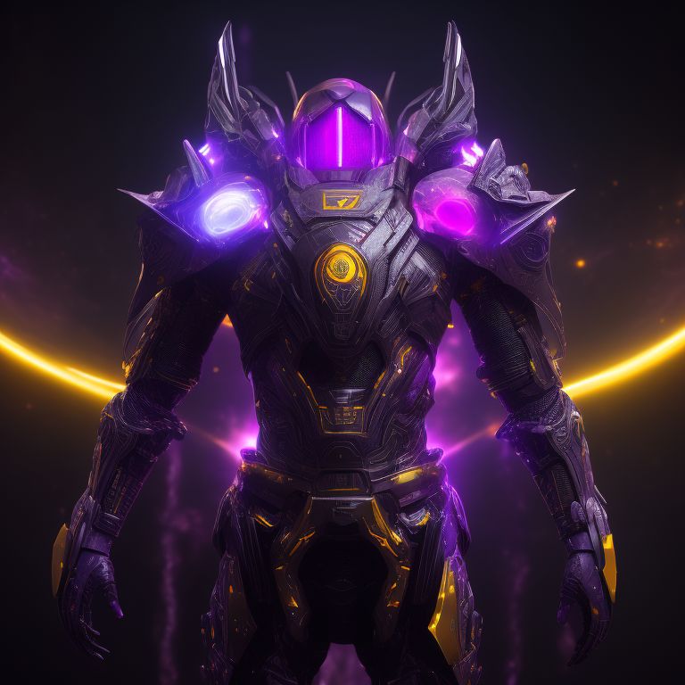 full set of armor made of purple and yellow galaxies, concept, photorealism, energy, digital render, smooth, neon glow, intricate, Sci-fi render, Sci-fi concept art, Sci-fi, Sci-fi illustration