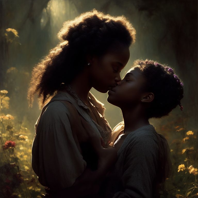 Uplight, Masterpiece, hight quality, best quality, Realistic, human black girl kissing an alien girl with purple skin, Realistic characters, Realistic environment, Realistic body, beautiful realistic photo of a realistic dramatic character, fusion between jeremy mann and childe hassam and daniel f gerhartz and rosa bonheur and thomas eakins, Cinematic, Nice shot, fine detail, CinemaHelper, PhotoHelper, 16K