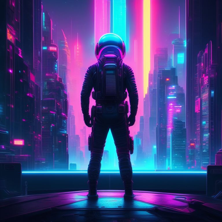 Synthwave spaceman gazing at vibrant space scene