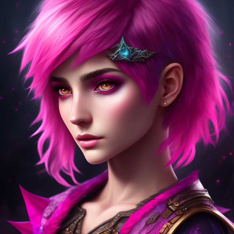 DND Portrait, Digital painting, Fantasy, a teenage whimsical female aasimar warlock with PIXIE CUT hot pink hair with magic, Highly detailed, Digital painting, Fantasy, Sharp focus, a teenage whimsical skinny female aasimar warlock with pixie-cut pink hair and a tough exterior with a magic and rainbow makeup