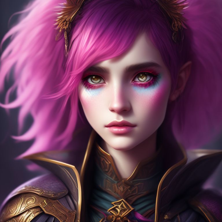 DND Portrait, Digital painting, Fantasy, a teenage whimsical female aasimar warlock, Highly detailed, Digital painting, Fantasy, Sharp focus, a teenage whimsical skinny female aasimar warlock with pixie-cut pink hair and a tough exterior with a magic and rainbow makeup