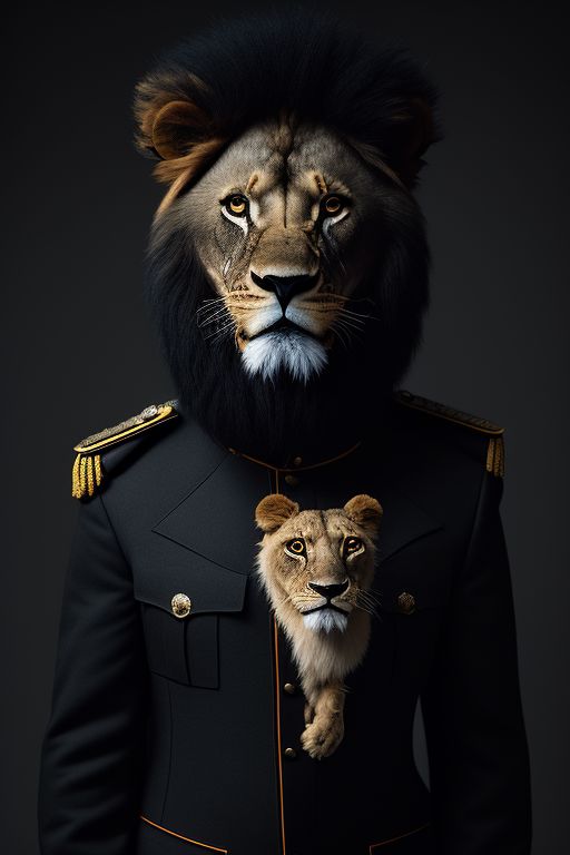 Lion Dressed in Military Uniform Animal Portrait Dressed 