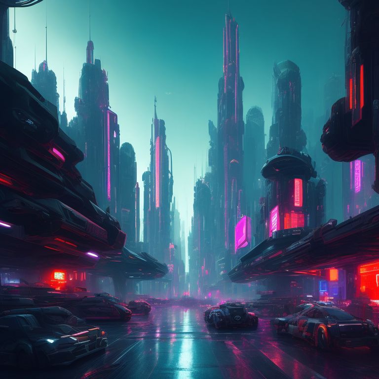 Ok, a futuristic city skyline with neon lights and hover cars, featuring a giant robot wreaking havoc in the center, the scene is depicted as a digital painting inspired by the works of simon stålenhag and syd mead, modifiers: cyberpunk, Highly detailed, Vibrant colors, epic scale, intense action, Sci-fi, dark atmosphere, Sharp focus, Trending on Artstation HQ, painted by sparth and raphael lacoste and craig mullins and jama jurabaev and john park.