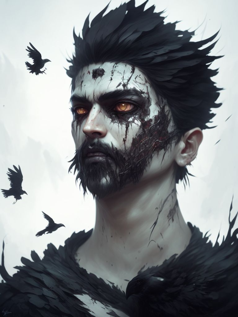 A portrait of a warrior. Dark background, Two large burn scars cross his face, he has no eyes and it is completely scarred over., with crows flying around him, Creepy, Horror, Dark, Gothic, Highly detailed, Digital painting, Artstation, Matte, Sharp focus, Illustration, art by sam yang and ross tran and jessica madorran and benedick bana and sebastian horoszko and jonas de ro and denis gonchar and pinecone and loish. dark background, with crows flying around him, Creepy, Horror, Dark, Gothic, Highly detailed, Digital painting, Artstation, Matte, Sharp focus, Illustration, art by sam yang and ross tran and jessica madorran and benedick bana and sebastian horoszko and jonas de ro and denis gonchar and pinecone and loish.